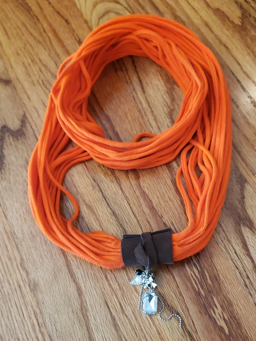 Orange Multi-strand Shred Circle Scarf W/ Brown Knot & Charms -OS